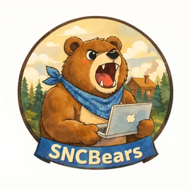 The SNCBears logo: a bear working at a laptop