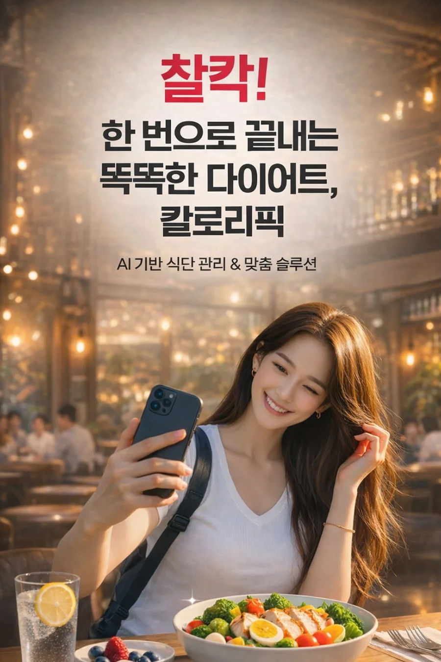 CaloriePic key visual: a person photographing a meal, with the tagline “one snap, smarter dieting — AI meal tracking and personalised plans”
