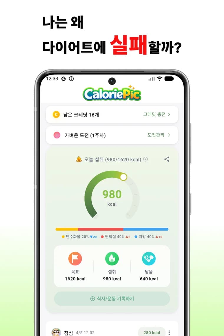 The CaloriePic home screen showing 980 kcal eaten today against the daily goal and remaining allowance