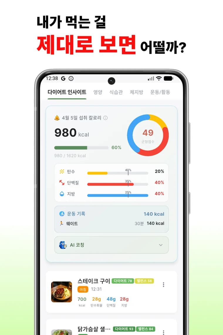 A diet insight screen combining macro ratios with exercise records