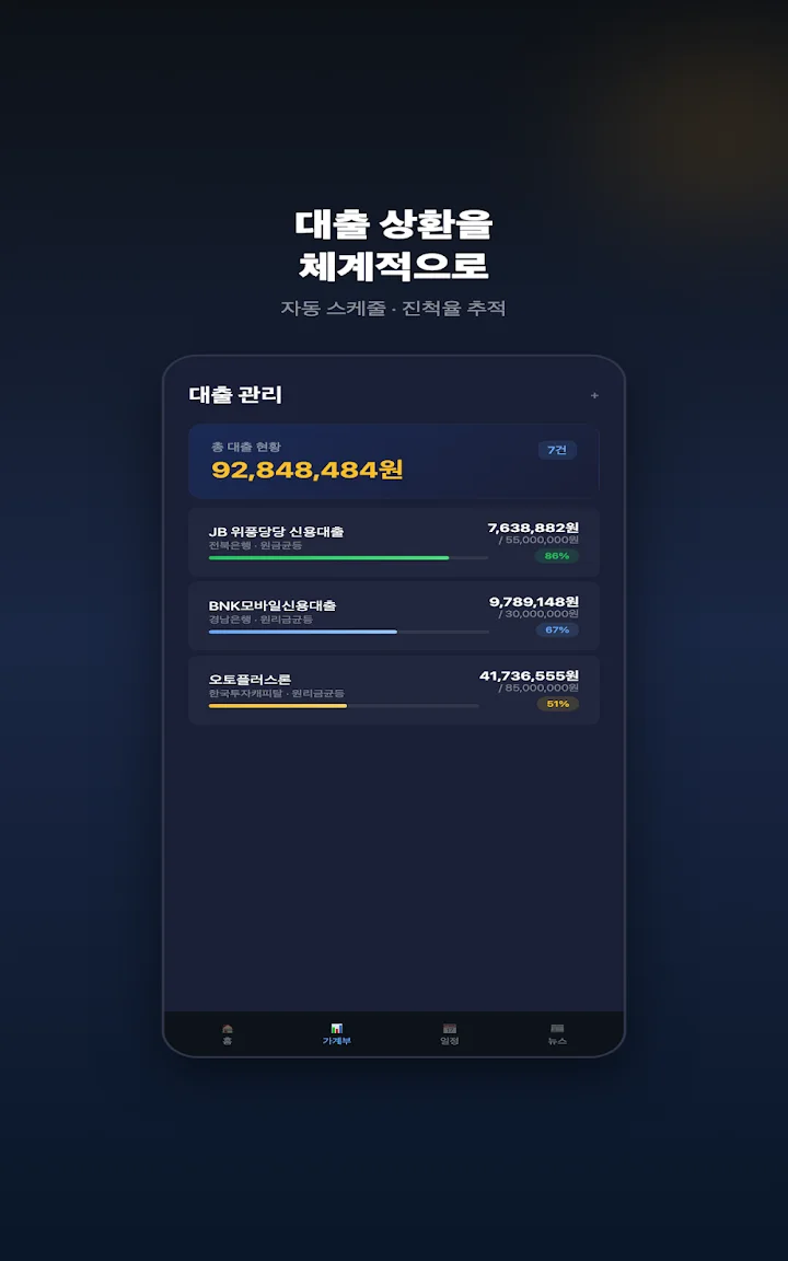 대출 잔액과 상환 진행 상황을 정리해 보여주는 화면